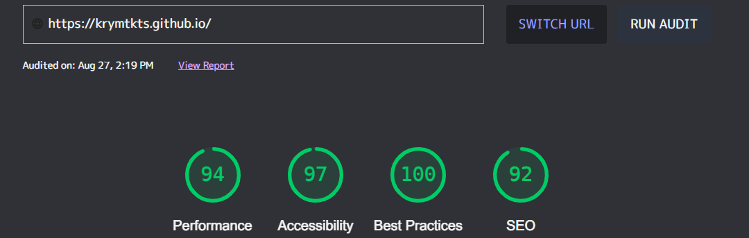 変更後は Performance 94 Accessibility 97 Best Practices 100 SEO 92